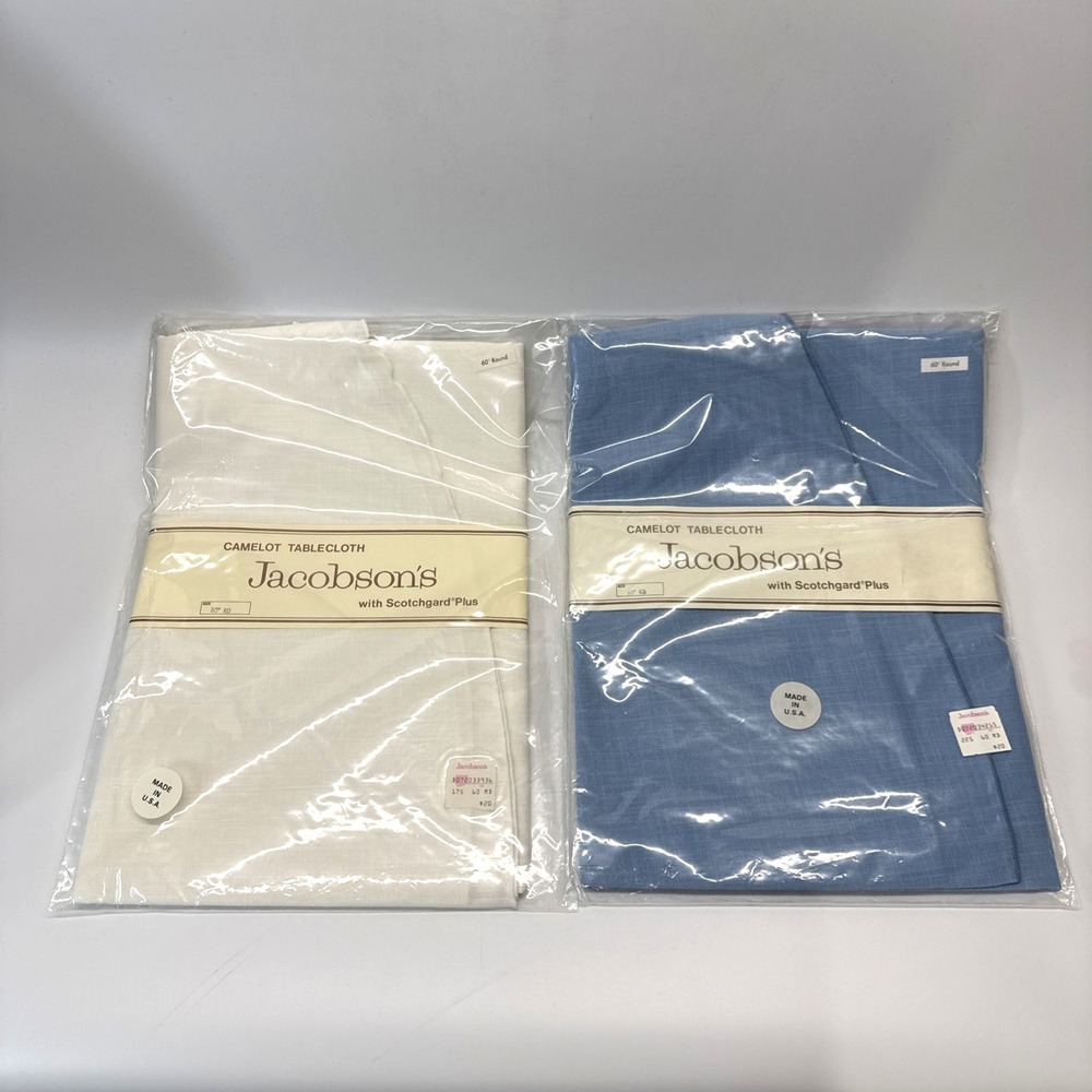 Vintage Jacobson's Camelot Tablecloths (1) White & (1) Blue 60" Round USA